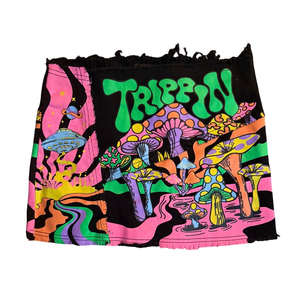 Current Mood Trippin Mini Skirt Womens S Black Neon Mushroom Psychedelic Frayed